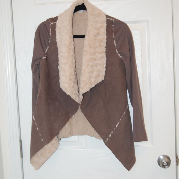 Favluv Fashion Women's Beige W/ Shearling Like Collar & Lining Open Coat Size S - Picture 2 of 11